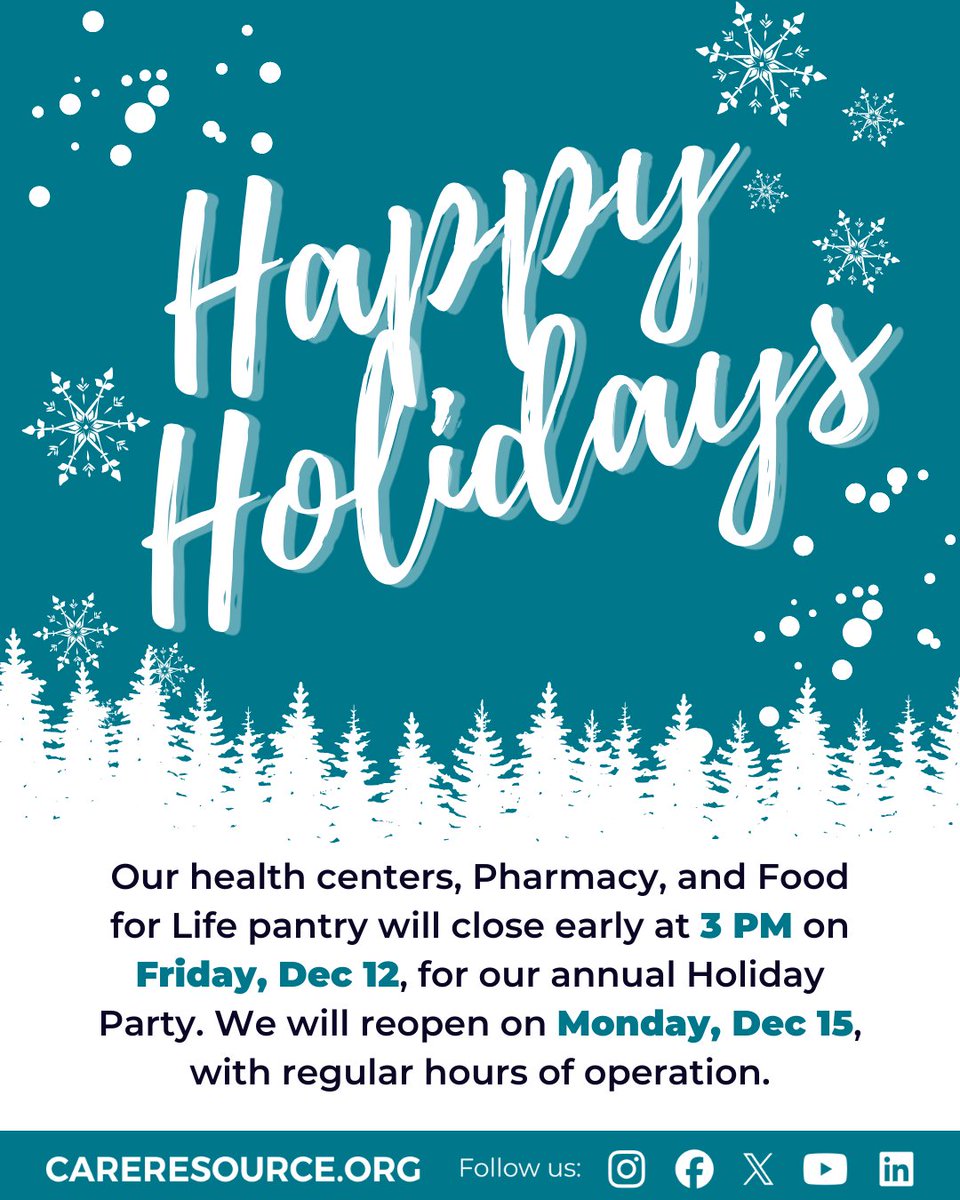 CareResourceFL's tweet image. Our health centers, Pharmacy, and Food for Life pantry will close early at 3 PM on Friday, Dec 12, for our annual Holiday Party. We will reopen on Monday, Dec 15, with regular hours of operation.

#CareResource #HappyHolidays #Closed