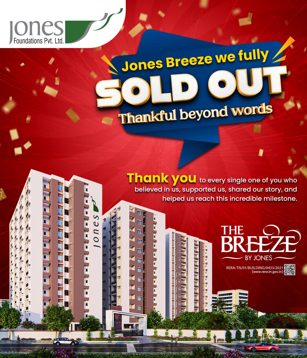 Jonesfoundatons's tweet photo. We are delighted to announce that our Jones Breeze Apartments project has been successfully completed and fully sold out.
Jones Foundations thanks each and every one of you for your trust and support. 

#JonesFoundations #ProjectCompleted #SoldOut
#Gratitude #RealEstateSuccess https://t.co/rJ7hd9qtZ5