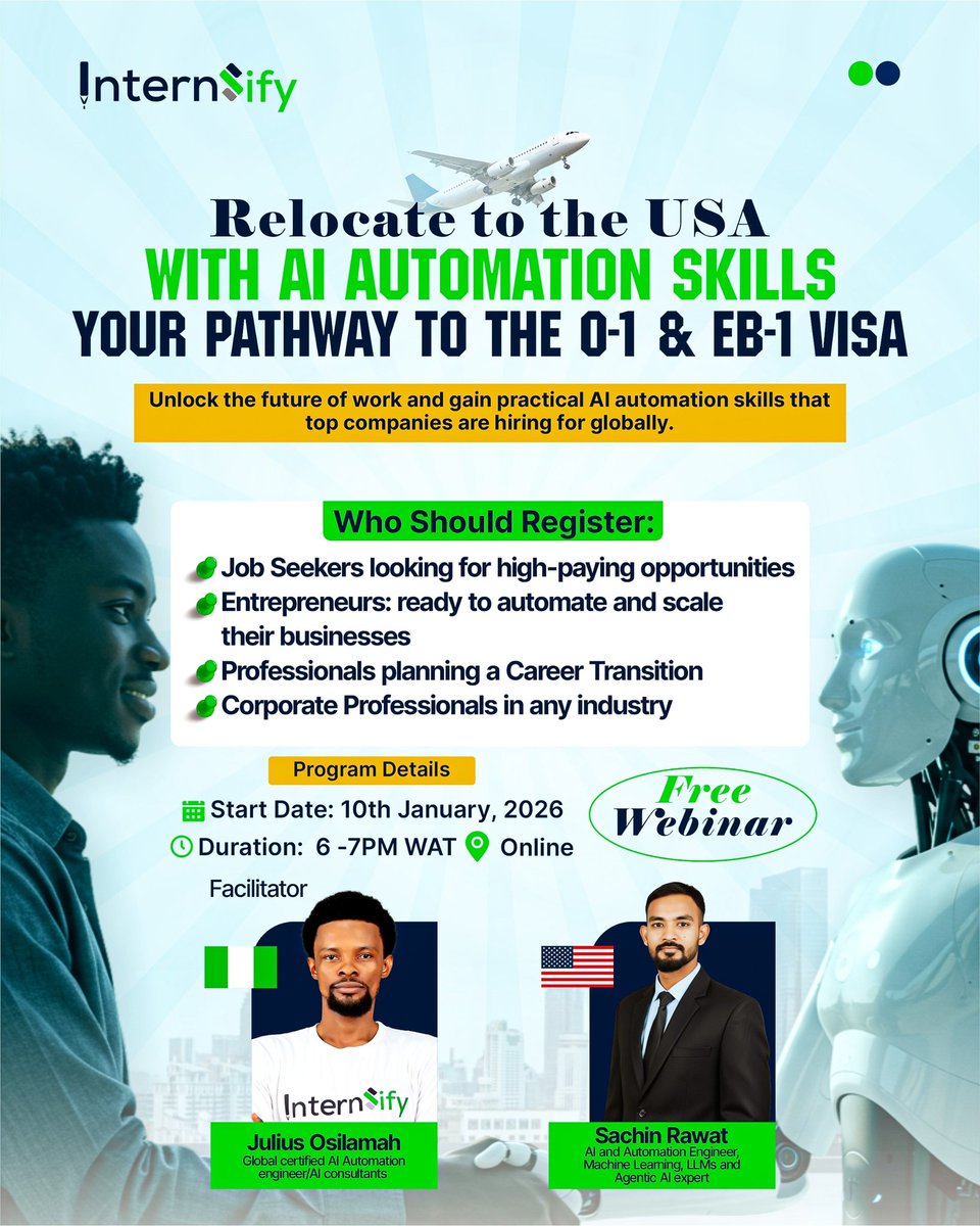 InternSifyA's tweet photo. Do you have big plans for 2026?

You don’t need millions or powerful connections to get a U.S. visa or access global opportunities.

Join our upcoming free webinar where you’ll learn practical, step-by-step guidance

Register now. https://t.co/h3qXWkRoyp

Kindly Share 
#AI #tech https://t.co/6av0gMe5RD