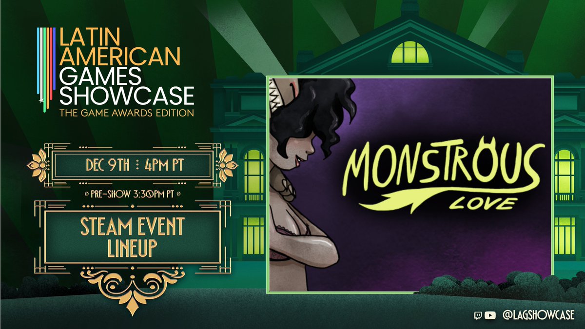The <a href="/LAGShowcase/">Latin American Games Showcase</a>  is among us 🤩

And until December 18th, you can discover amazing games and also enjoy discounts on our visual novels!

This is your moment to grab Monstrous Love with 60% off!
store.steampowered.com/app/2011410/Mo…

#LAGS #LAGShowcase #timegalleon #visualnovel #indiegames