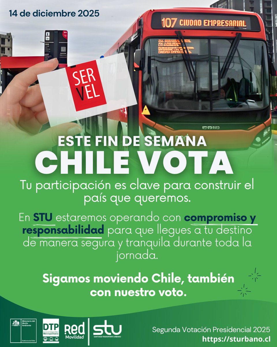 Chile vota este fin de semana. STU te moviliza con seguridad y compromiso para que puedas participar en la jornada electoral. Sigamos moviendo Chile con nuestro voto.
#STU #electromovilidad #busesred #buseselectricos #redmovilidad