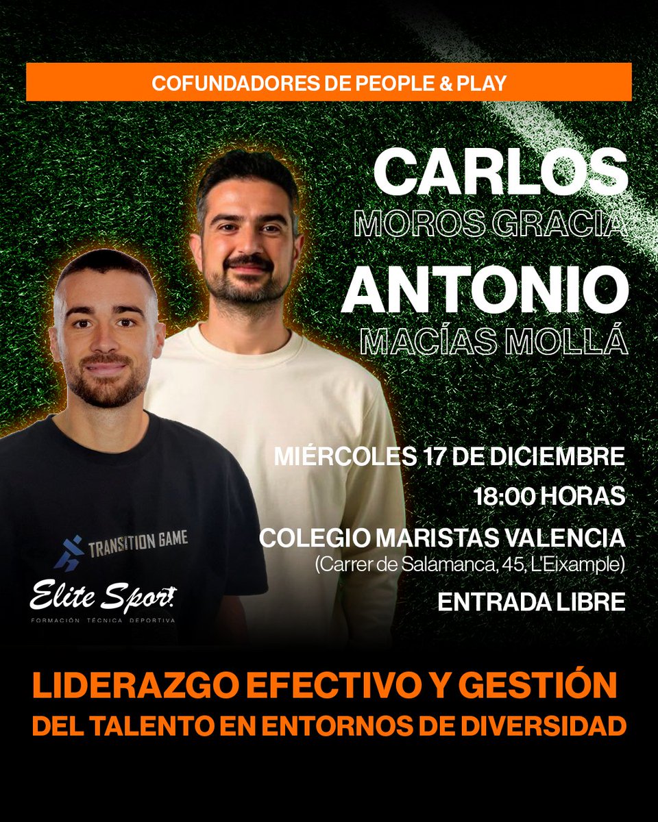 💪🏻 Masterclass “Liderazgo efectivo y gestión del talento en entornos de diversidad” por Carlos Moros y Antonio Macías, cofundadores de People&amp;Play.

📝Inscríbete gratis en: forms.gle/RW6NVVDeor9NCA…

📅 Miércoles 17 de diciembre
🕙 18:00 h
📍 <a href="/vlcmaristas/">Maristas Valencia</a>