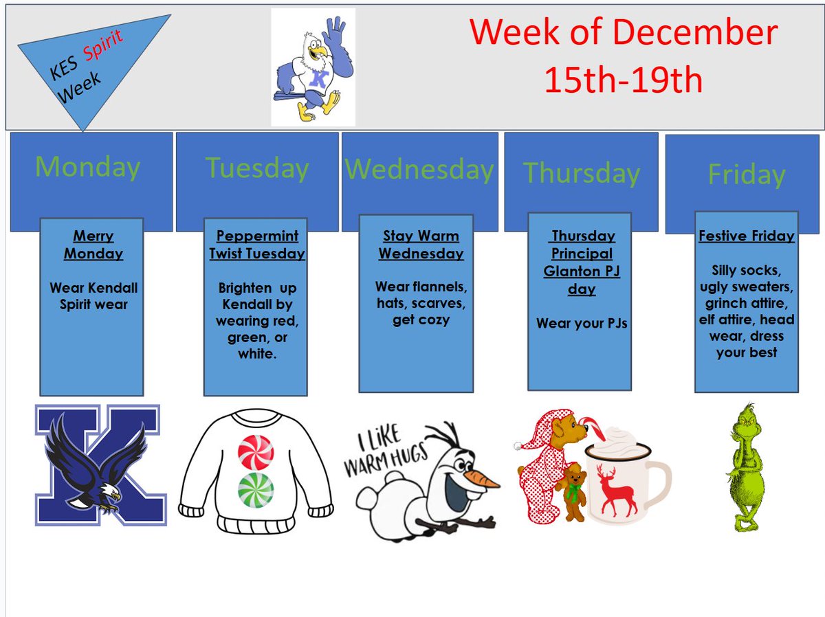 It's hard to believe we have one week left of school in 2025! Here is our Spirit Week schedule for Dec 15-19!