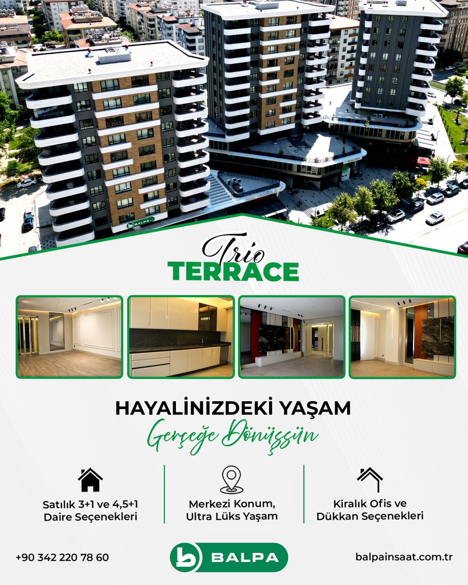 Gaziantep’in en prestijli bölgelerinden biri olan Batıkent'te tamamlanan Trio Terrace, modern mimarisi ve sunduğu ultra lüks yaşam alanlarıyla ayrıcalıklı bir yaşamın kapılarını aralıyor! Özel kiralık ofis ve kiralık dükkanlarımız için hemen iletişime geçebilirsiniz.