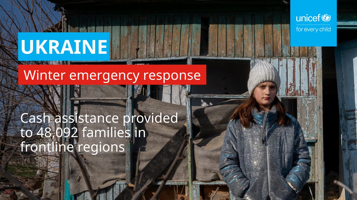 48,092 families in frontline regions – 155,516 people including 70,540 children in total – have received cash support as part our winter response: unicef.org/ukraine/en/doc…

Thanks to funding from:
🇩🇰<a href="/DanishMFA/">Denmark MFA 🇩🇰</a>
🇪🇺<a href="/eu_echo/">EU Civil Protection & Humanitarian Aid 🇪🇺</a>
🇩🇪<a href="/GermanyDiplo/">GermanForeignOffice</a>
🇳🇴<a href="/NorwayMFA/">Norway MFA</a>
🇺🇸US Government
UNICEF in 🇮🇪🇨🇭