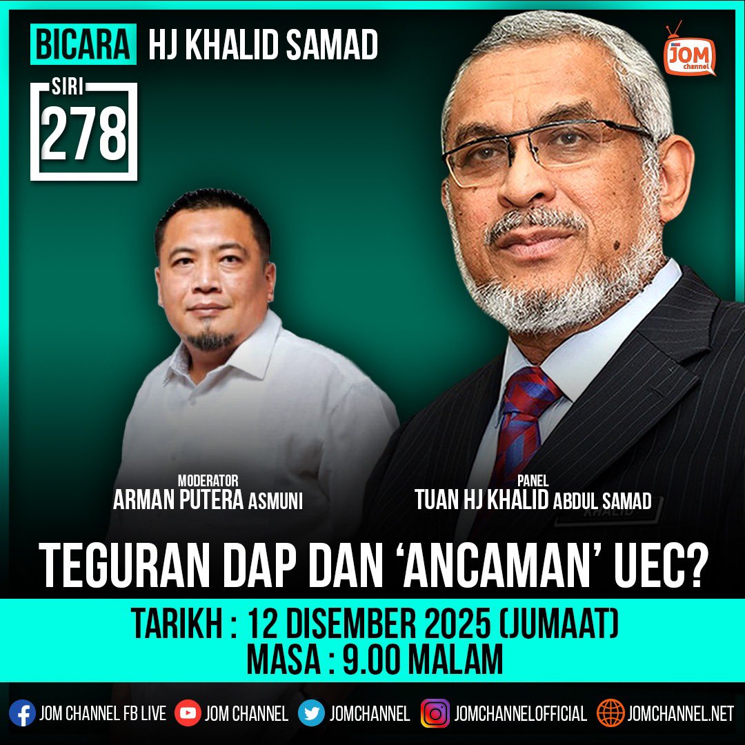 Jomchannel's tweet photo. [LIVE NOW]

BICARA HJ KHALID SAMAD (SIRI 278)

"TEGURAN DAP DAN 'ANCAMAN' UEC?"

YouTube : https://t.co/kquMfehQ2C
FB : https://t.co/S1FfqzhXpk

@pakatanharapan_ @PartiAmanah @KhalidSamad https://t.co/sin5mjaWmC