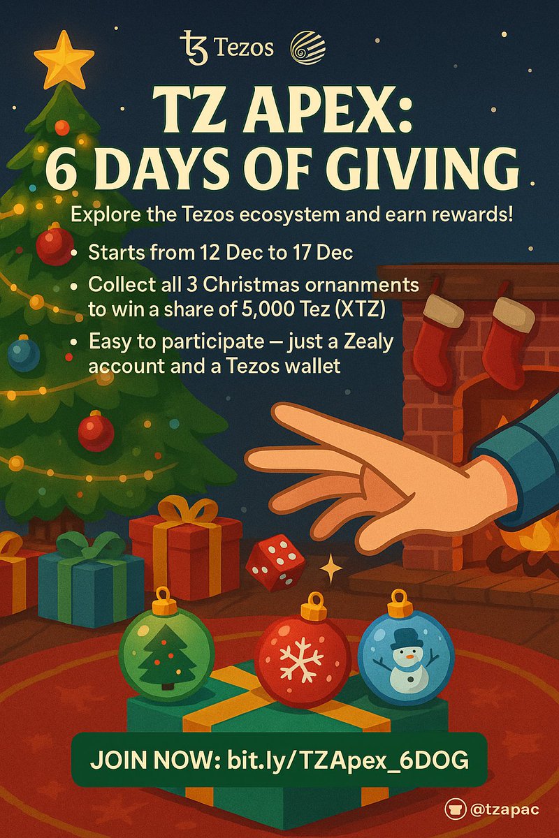 Animoooosity's tweet photo. 🎄 Rolled the dice on Christmas… on Tezos 🎄

Just wrapped up a few quests in TZ Apex: 6 Days of Giving and honestly? This one’s fun.

From 12–17 Dec, @tzapac is running a campaign that pushes you to actually explore the Tezos ecosystem instead of just reading about it. I jumped in, completed the quests, and yep — I rolled for the Christmas ornaments 🎁

The goal is simple:
✨ Collect all 3 Christmas ornaments
✨ Get a chance to win a share of 5,000 XTZ
✨ Discover what’s being built across the Tezos ecosystem (including #Etherlink)
What I liked most is how easy it is to participate:
Zealy account ✅
Tezos wallet ✅

A few minutes per quest ✅

No complicated setup, just clean onboarding and festive vibes with a crypto-native twist 🎅🧑‍💻

Campaigns like this are exactly how TZ APAC keeps the Tezos ecosystem engaging — rewarding curiosity, not just clicks.

If you’re around this week and want something light, seasonal, and on-chain to do, jump in 👇
👉 https://t.co/IU1hqF3J8i

And make sure to follow @tzapac to stay tuned for updates and future drops 🎄

#Tezos #Etherlink #TZAPAC