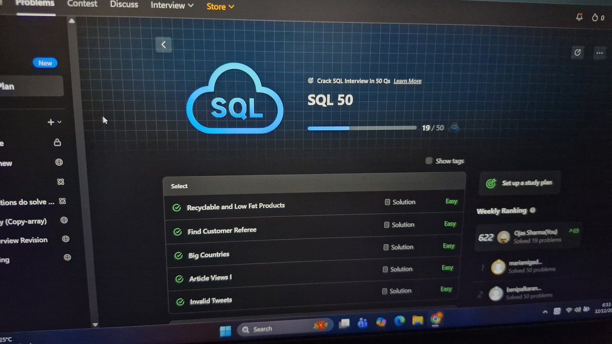 OjasSharma276's tweet image. All most done with 20 questions!

This SQL 50 sheet is very helpful. These 50 questions would be enough to understand and solve SQL queries.

SQL 50 : leetcode.com/studyplan/top-…