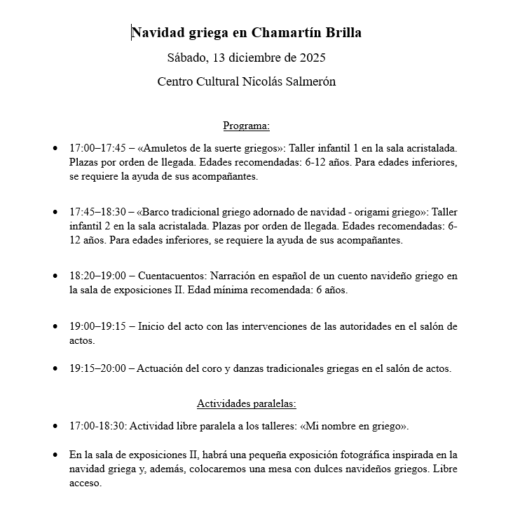 ✨🎄Os esperamos mañana (17-20h) en el Centro Cultural Nicolás Salmerón <a href="/JMDChamartin/">Distrito Chamartín</a> para celebrar juntos una jornada navideña griega, con villancicos griegos y danzas tradicionales, talleres creativos, cuentacuentos y una degustación de dulces griegos! #NavidadGriega