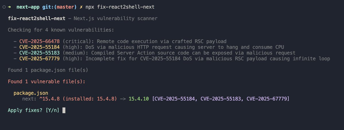 اي احد يشتغل على مشروع React او يعتمد عليه في Framework مثل NextJs

🔴 مهم جدا تكتب الامر هذا وتحدث:
npx fix-react2shell-next

طلعت ثغرة جديدة امس تسمح للمهاجم يسرب اكواد الـ Server Functions ويعطل الخدمة DoS

هذا غير الثغرة الي صارت قبل اسبوع الي تسمح للمهاجم يشغل كود في سيرفرك