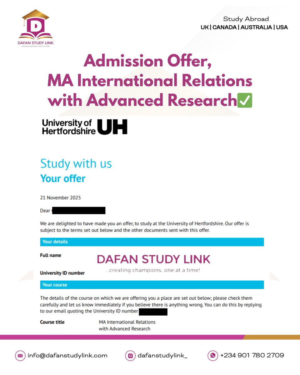 Dafanstudylink_'s tweet photo. MA with Advanced Research Admission Offer from University of Hertfordshire 🇬🇧

✅Intake: January 2026
✅Deposit: $5,000 CAD
✅Length of course: 2 Years

Send a DM @dafanstudylink_ to start your application

📍Who wants this? https://t.co/DdPur12Zhg