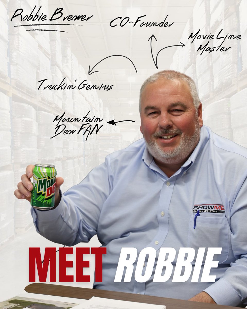 ShowMeLogistics's tweet photo. Meet Robbie Brewer, Co-Founder, Mountain Dew fan, and truckin’ genius. 💪
#showmegloballogistics #cofounder #logisticslife #teamwork #missouri https://t.co/ISjm0XCIB1