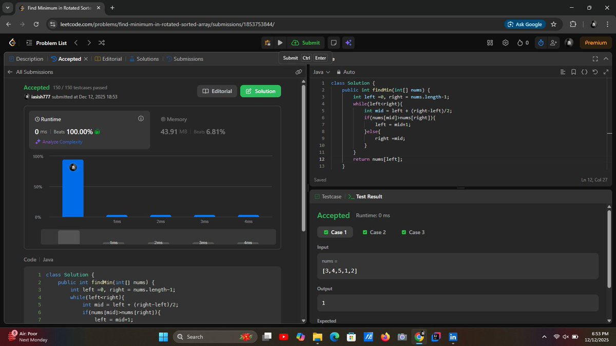 iasish77's tweet image. Day 12/180 ✅
Solved just one problem today (end terms 😭) but kept the streak alive. LC153 done ✔️
#LeetCode #DSA #100DaysOfCode #Coding #StudentLife #Consistency