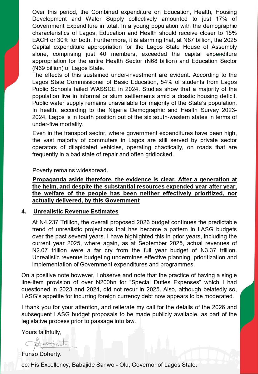 This is a letter I wrote today to the Lagos State House of Assembly raising a number issues in response to the 2026 Budget presented by the Governor to the House. A copy of the letter can be downloaded here: funsodoherty.org/blog/2026-budg…