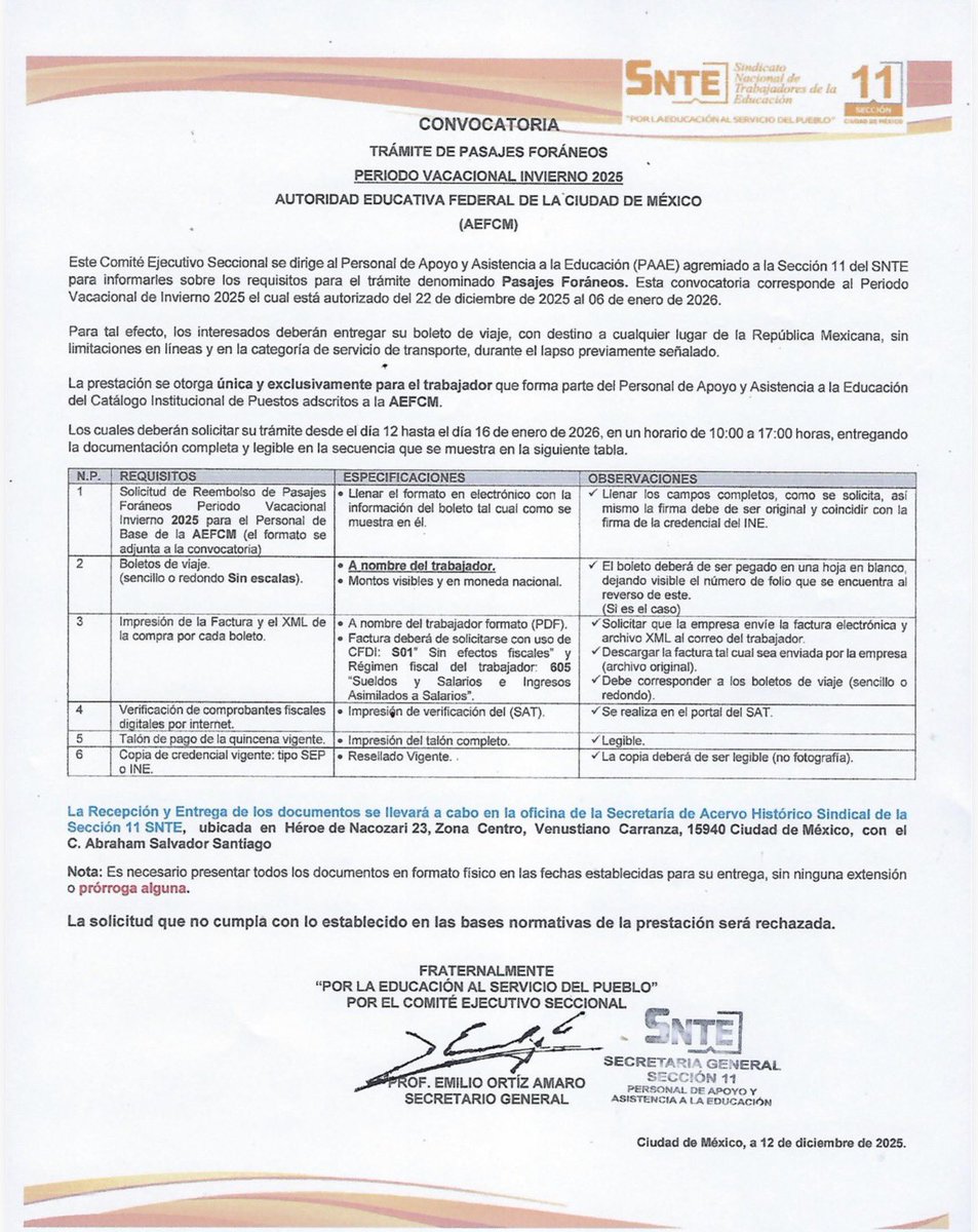 CONVOCATORIAS

TRÁMITE DE PASAJES FORÁNEOS
PERÍODO VACACIONAL DE INVIERNO 2025
INSTITUTO POLITÉCNICO NACIONAL, SECTOR CENTRAL DE LA SEP Y AUTORIDAD EDUCATIVA FEDERAL EN LA CIUDAD DE MÉXICO