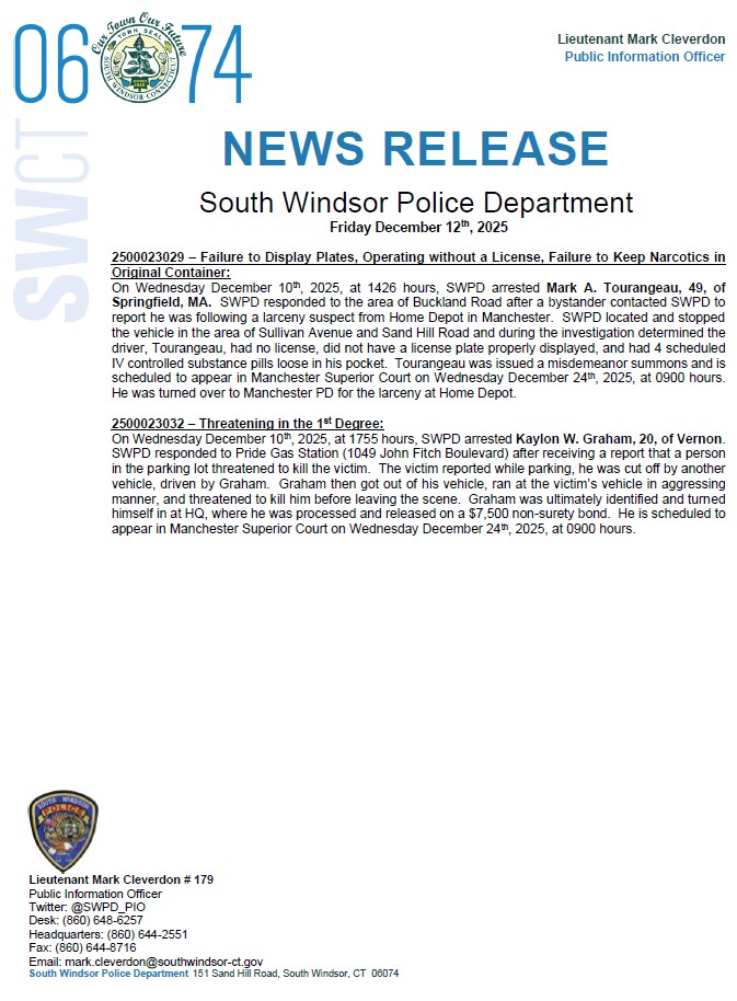 SWPD_PIO's tweet image. Good morning #SW06074.

Attached is the news release for Friday, December 12th, 2025