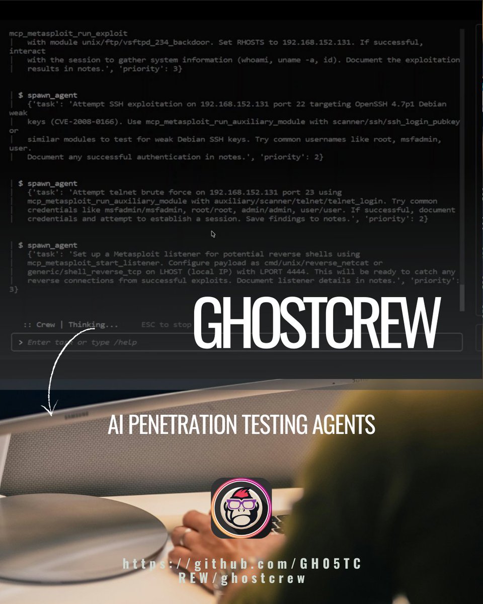 GhostCrew es el futuro del Red Team: un framework de agentes IA que automatiza tus pentests. 🤖 Coordina Nmap, Metasploit y más herramientas desde un entorno Docker seguro. ¡El hacking autónomo es una realidad!

🎯 [#GhostCrew #HackingEtico #AI #Ciberseguridad #LLMs #Pentesting]