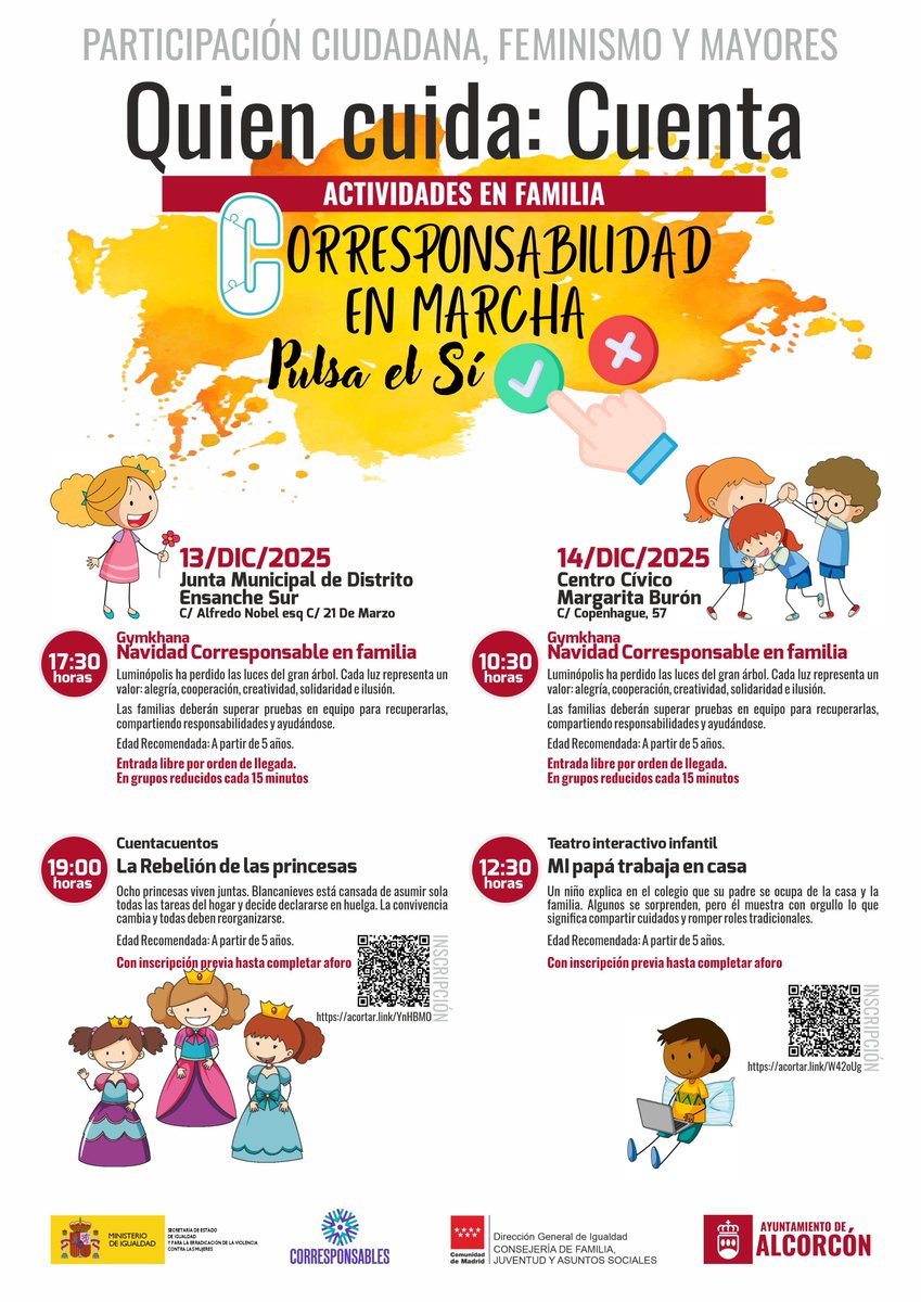 📢Pulsa el "SÍ" y apúntate a las jornadas:

🤝 Corresponsabilidad en marcha

Hablaremos sobre el reparto equitativo de las responsabilidades entre mujeres y hombres y cómo avanzar en un cambio estructural en la distribución de los cuidados

➕info 👉  ayto-alcorcon.es/es/comunicacio…