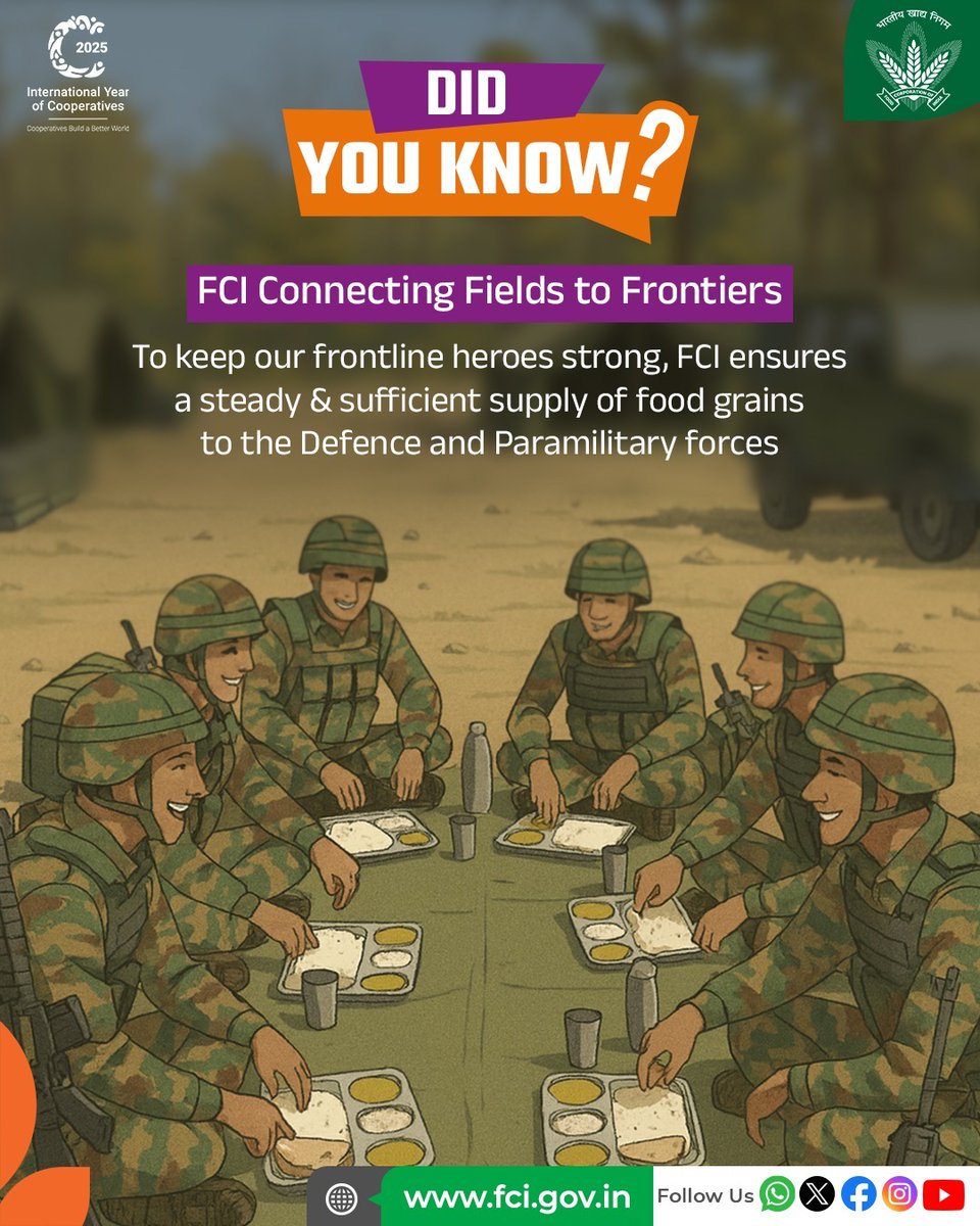 FCI remains committed to supplying food grains to our #Defence and #Paramilitary forces, giving them the strength to stand guard for the nation.

#DidYouKnow #India