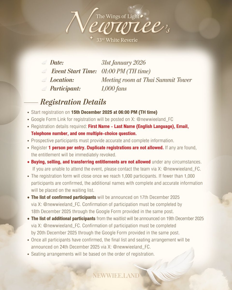 newwieeland_FC's tweet photo. ~ 𝑻𝒉𝒆 𝑾𝒊𝒏𝒈𝒔 𝒐𝒇 𝑳𝒊𝒈𝒉𝒕 ~
#Newwiee33rdWhiteReverie🪽
#Newwiee ꫂৎ

UPDATE Activity Details 🩷
Registration Date &amp; Time: 
15-Dec'25 | 06.00PM (TH Time) https://t.co/I7p1AkQzH8