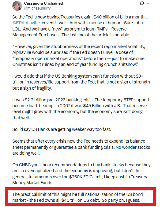 🚨 INVESTING : Michael Burry avverte: "Gli Stati Uniti potrebbero andare verso la nazionalizzazione totale del mercato obbligazionario"