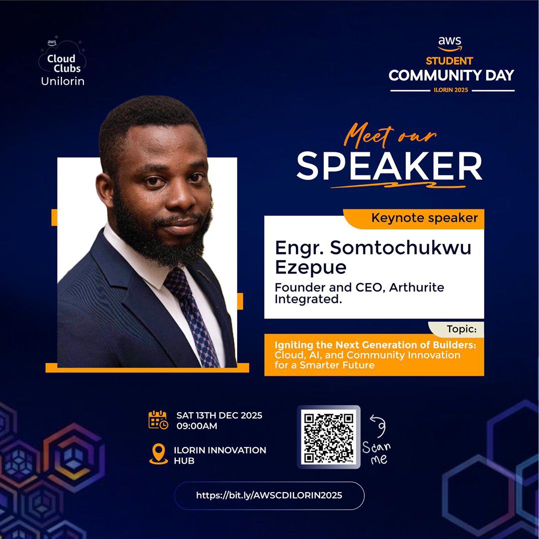 Our CEO, Engr. Somtochukwu Ezepue, will be speaking at AWS Student Community Day Ilorin 2025🔥

He’ll be sharing insights on:  “Igniting the Next Generation of Builders: Cloud, AI, and Community Innovation for a Smarter Future.”

If you’re in Ilorin, this is your sign to attend,