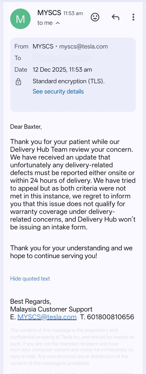tan_baxter's tweet photo. @elonmusk Hi Elon, hope you can look into the issue with my M3P that I took delivery last Saturday Dec 6. 

I noticed a crack in the left tailight on delivery day &amp; informed the Delivery Advisor on the spot. The DA advised me to take delivery of the car &amp; send an email to..... 1/2 https://t.co/ZDiAK4aZ8B