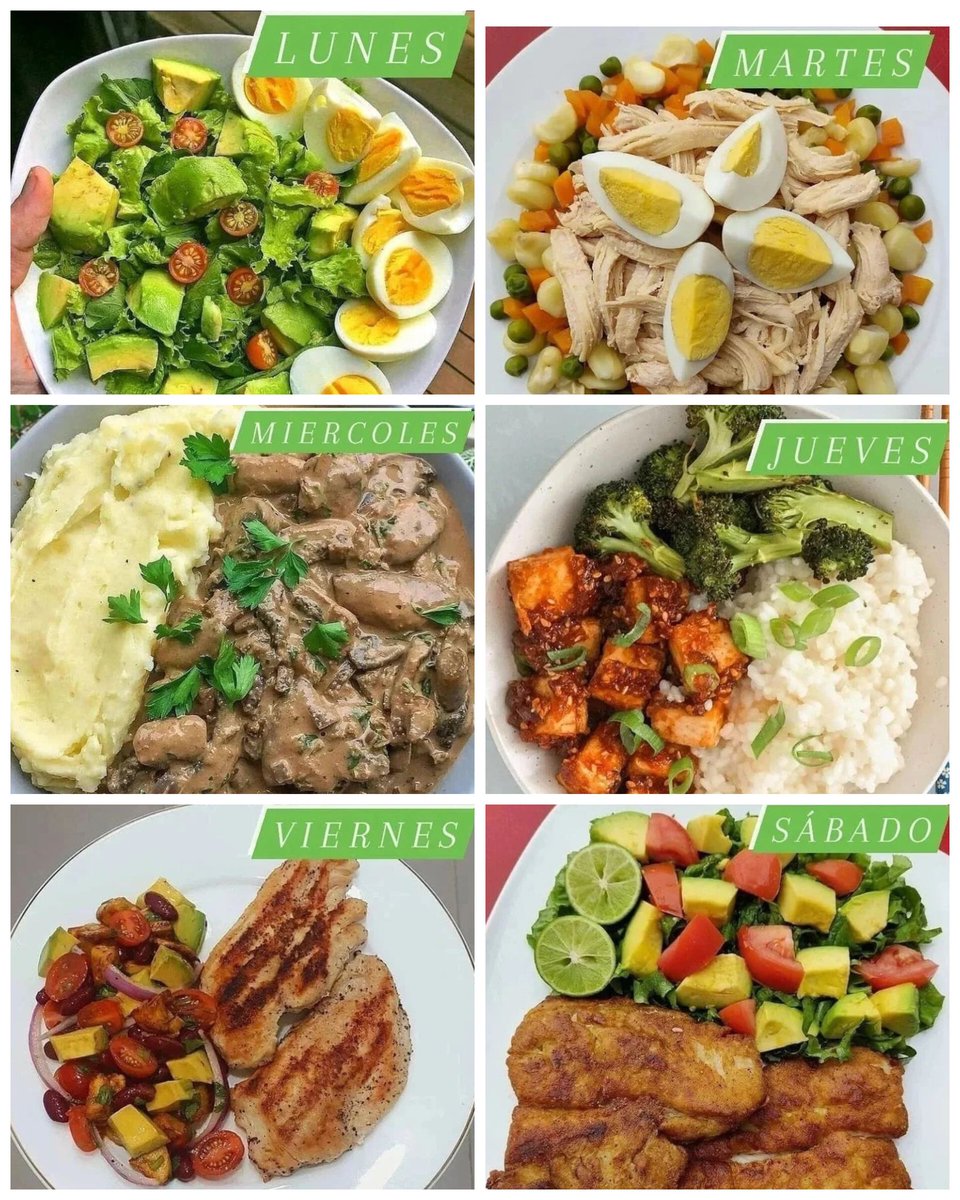 NutriologoGiron's tweet photo. Almuerzos saludables 

LUNES
Ensalada de aguacate
-Huevo
-Lechuga
-Tomate cherry

MARTES
-Ensalada de garbanzo
-Pollo
-Papa
-Chicharros

MIRCOLES
-Puré de papa
-Carne guisada

JUEVES
-Pollo al teriyaki
-Arroz
-Brocoli

VIERNES
-Pechuga asada
-Aguacate
-Verduras

SABADO
-Pollo
-Aguacate
-Espinaca