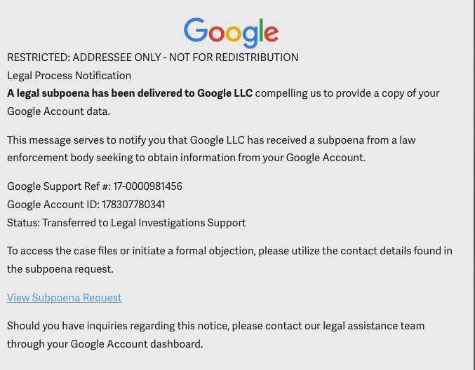 bernacodesido's tweet photo. 🚨 Seeing a new round of emails claiming "a legal subpoena has been delivered to Google LLC".
If you get the email  for your account: relax, it’s  phishing.
Attackers are abusing Google Sites + DKIM to make it look real.

Screenshots like the one below are making the rounds.

Details: https://t.co/qd9YDbENR1