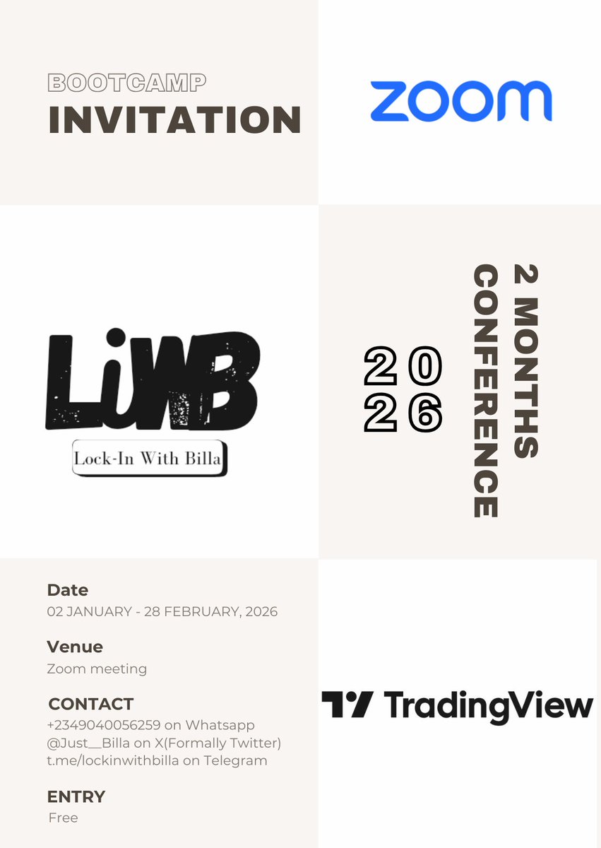 Just__billa's tweet photo. Get ready to level up your trading game with "Lock-In with Billa" 2Months Free BOOTCAMP
The Area of concentration would be shared on the TG group.
Lnk in Bio
#TradingBootcamp #TradingCommunity #TradingMentorship #TradingSignals #ForexTrading https://t.co/9lm02vFhpa