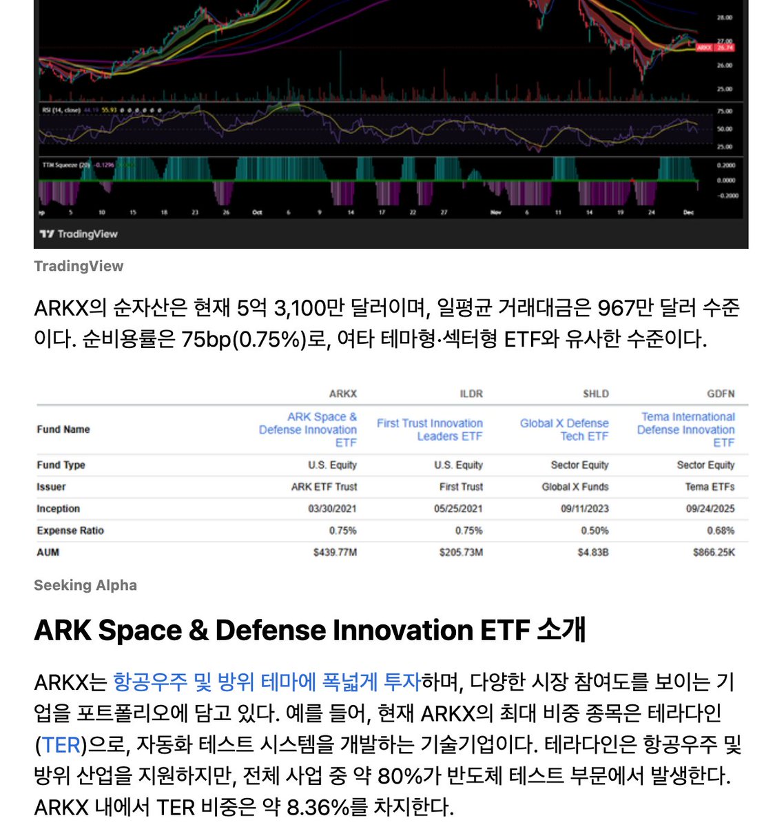 SeekingAlpha_KR's tweet photo. #ARKX: 2026년 고성장·고베타 항공우주·방위 모멘텀 ETF #ARKX
[1/4] 핵심 요약

ARKX는
항공우주·방위·첨단 기술 기업을 묶어 담는
고성장·고베타 테마 ETF로, 최근 조정 이후 매수 매력이 부각됨.

최대 보유 종목인 테라다인(TER) 은
AI 연관 반도체 테스트 수요 폭증으로
2025년 실적 가이던스를 대폭 상향.

크라토스(KTOS), L3해리스(LHX) 역시
무인기·하이퍼소닉·국제 방산 계약 등
2026년 글로벌 방산 지출 확대의 핵심 수혜.

미국·EU·NATO 국방예산이 모두 증가하는 가운데,
무인 시스템·우주·AI 기반 방위 기술이
2026년 방산의 중심 테마다.

다만 상위 10개 종목 비중이 61%에 달해
산업·종목 집중 리스크가 존재하며,
포트폴리오 내 3~4% 비중 편입이 권고됨.

[2/4] 주요 지표 및 편입 종목
• ETF 기본 스펙

순자산(NAV): 5억 3,100만 달러

일평균 거래대금: 967만 달러

비용률: 0.75% (75bp)

총 33개 종목 보유

상위 10개 종목이 61% 집중

• 핵심 편입 종목

1) 테라다인(TER) – 비중 8.36%

사업의 80%가 반도체 테스트

AI 관련 컴퓨트·메모리 수요 급증 → 가이던스 상향

2025년 4분기 매출 10억 달러(+33% YoY) 전망

2) 크라토스(KTOS) – 비중 8.24%

무인기·하이퍼소닉·방위 시스템 전문

Golden Dome 등 방위 계약 증가

연간 매출 가이던스 상향 조정

3) L3해리스(LHX) – 비중 7.88%

한국 포함 글로벌 조기경보·방산 계약 증가

글로벌 지출 증가로 수주 모멘텀 지속

[3/4] 성장 동력
• 2026년 글로벌 방산 지출 급증

미국 국방예산: 9,616억 달러

EU 국방예산: 1,939억 유로

NATO 예산: 2025년 대비 +15% 증가

전쟁 국면 변화와 무관하게
중·장기 국방비 증가가 구조화되고 있음.

• 무인 시스템(UxS)의 구조적 채택 확대

무인 항공기·지상·해상 플랫폼이
2026년부터 주요 방산 투자 테마

크라토스(KTOS) 같은 무인기 기업,
테라다인처럼 반도체·자동화 테스트 기술을 공급하는 기업 모두
동시에 수혜가 확산될 가능성.

• 우주·위성 방위 인프라 강화

글로벌 조기경보·정찰·위성 기반 방위 체계 투자 확대

L3해리스(LHX) 등 글로벌 방산 대형주의 실적 가시성 증가

• 액티브 운용이 주는 기회 포착력

방산·우주·반도체 테스트 등
이종 테마를 결합한 액티브 전략으로
전통 방산 ETF 대비 베타 및 성장 레버리지 확보

[4/4] 전망 및 평가

ARKX는
“전통 방산 + 신흥 기술(무인기·우주·AI)” 테마를 묶어
고성장 포트폴리오를 구성하는 ETF로 평가됨

미국·EU·NATO 모두 국방 지출 확대가 확정적이어서
2026년 업종 모멘텀은 구조적으로 강함

최근 몇 달간 조정으로 가격 부담이 낮아져
신규 진입 매수 기회가 열렸다는 평가

다만 상위 종목 집중 + 단일 테마 리스크가 있으므로
전체 포트폴리오 대비 3~4% 선의 소규모 전략적 비중이 적합

→ 2026년 방위·항공우주 모멘텀을 노린 고성장·고베타 트레이드 ETF로
ARKX 매수 의견은 유지

(댓글 기사 원문)

--------- 아래 기사 원문에서 (댓글)

뉴스나 리서치 칼럼을 읽을 때 언급된 종목
>> 티커를 클릭

해당 기업의 분석·등급·재무 데이터까지
한눈에 정보를 쉽게 접근,
주식 종목 견문을 넓히는데 큰 도움이 되실거예요!

(무료/유료)