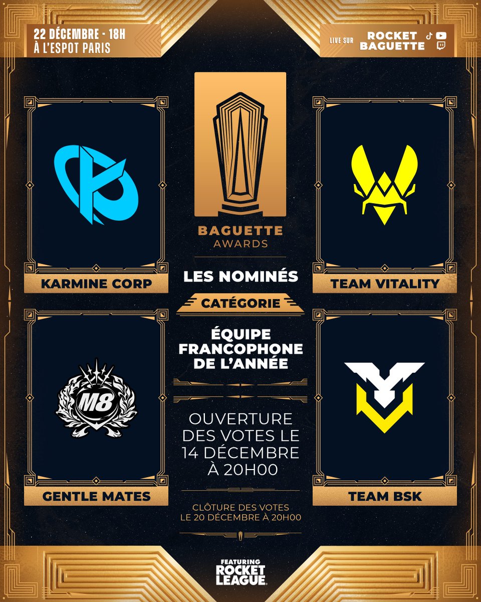 RocketBaguette's tweet photo. ✨ #BaguetteAwards - Les nominés pour l'Équipe Francophone de l'année sont...

@KarmineCorp 
@TeamVitality 
@gentlemates 
@TeamBSK_ 

📅 Ouverture des votes le 14.12 à 20:00.
🗳️ https://t.co/UemlLDc7cy