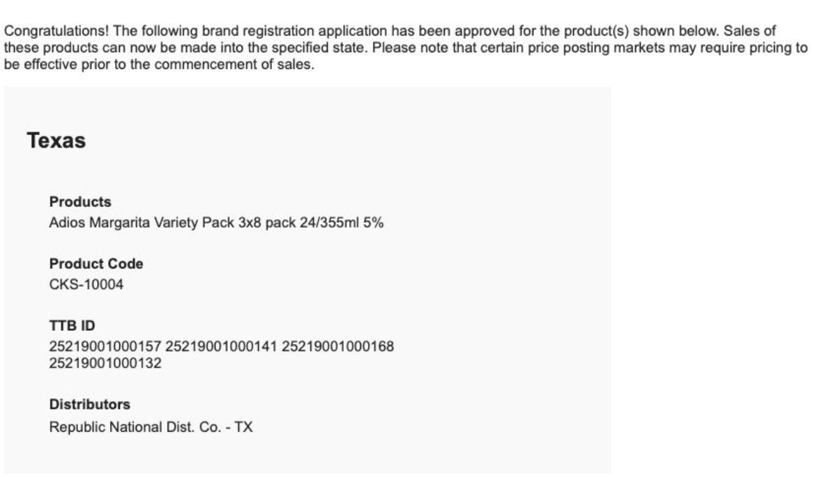 KulturaBrands's tweet photo. 🔥 TEXAS — WE’RE IN. IT’S OFFICIAL. 🔥
Texas just opened the gates for Adios Margarita Variety Pack (3x8, 24/355ml, 5%). And yes — Republic National is our distribution partner on the ground in TX.
This market is tequila country, and now Adios is stepping onto the field with real momentum. Big state. Big demand. Big upside. Let’s run it all the way up. 🤝🌵🍹
#AdiosSpirits #KulturaBrands #CKS #TexasLaunch #MargaritaMadness #RNDC #TexasTakeover #LoneStarLaunch #TequilaState #AdiosInTX #TPB
