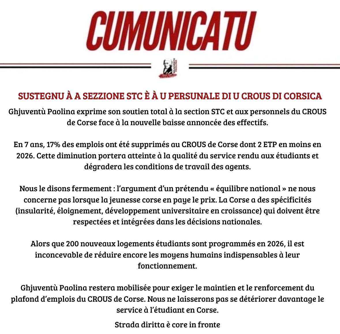 SUSTEGNU À A SEZZIONE STC È À U PERSUNALE DI U CROUS  DI CORSICA