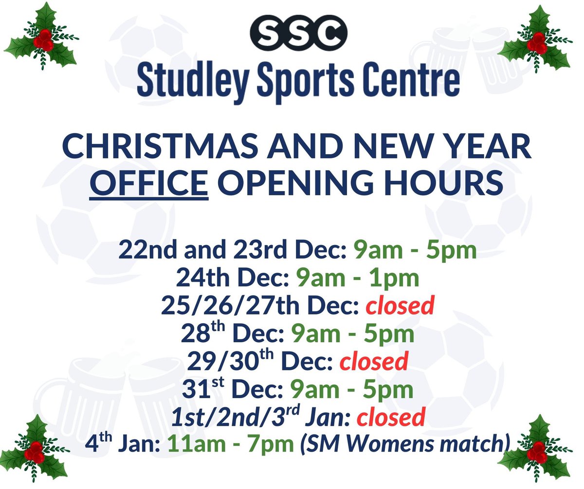 🎅🏼 Opening Hours for the Christmas Season below 👇🏼 

Please email: info@studleysportscentre.co.uk with any queries or questions ⚽️