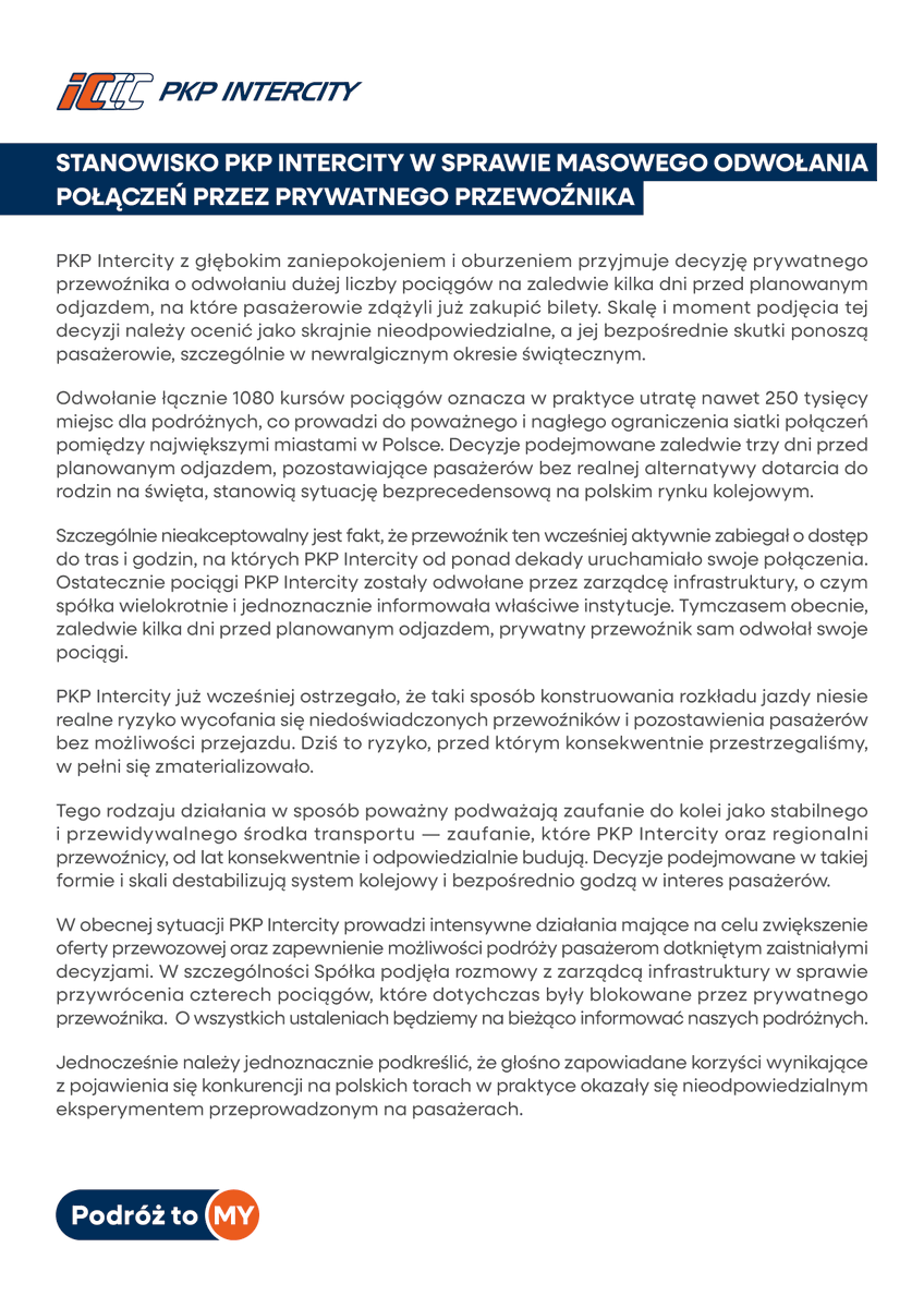 🚆❌ 1080 odwołanych pociągów
🪑⬇️ 250 tysięcy miejsc mniej dla pasażerów

Tak wygląda odpowiedzialność prywatnego przewoźnika wobec podróżnych.

PKP Intercity podejmuje pilne działania, by ograniczyć skutki tej sytuacji i zapewnić możliwość podróży.

⬇️Pełne stanowisko PKP