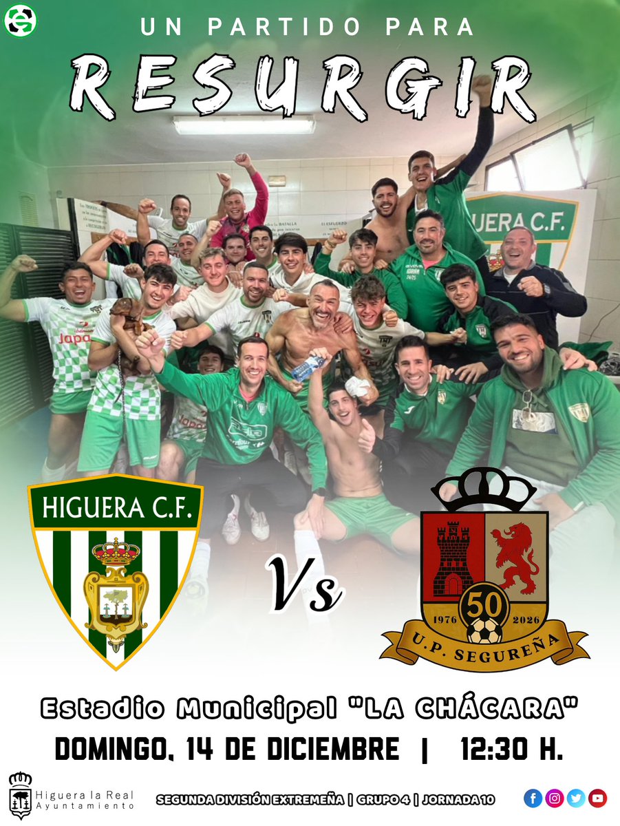 💚🤍 Buenos días verdiblancos‼️
Os presentamos el 🖼 #CarteldeCalle para el partido de este próximo Domingo en el Estadio Municipal “LA CHÁCARA” contra nuestros vecinos de Segura de León.

🗣 “𝗨𝗡 𝗣𝗔𝗥𝗧𝗜𝗗𝗢 𝗣𝗔𝗥𝗔 𝗥𝗘𝗦𝗨𝗥𝗚𝗜𝗥” 
Este Domingo, 𝑻𝑬 𝑬𝑺𝑷𝑬𝑹𝑨𝑴𝑶𝑺❗️