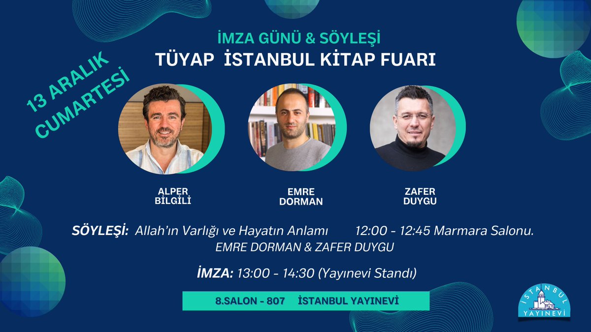 İstanbul Kitap Fuarında Alper Bilgili, <a href="/EmreDorman/">Emre Dorman</a> ve <a href="/DuyguZafer/">Zafer Duygu</a> okurlarıyla buluşuyor. 

Söyleşi: 12:00 - 12:45
İmza: 13:00 - 14:30

8.Salon 807 

<a href="/kitapfuari/">Tüyap Kitap Fuarı</a> #ZaferDuygu #AlperBilgili #EmreDorman