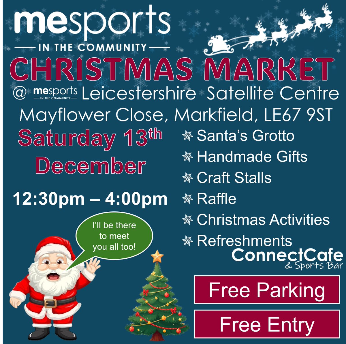 🎅🏻Christmas Market in Markfield!🎁

The ConnectCafe menu features some festive treats for our Christmas Market in Markfield TOMORROW! Why not come along and take a try of our mince pie and mulled wine?🎄❄️

#Christmas #winter #santa #MESportsCIC
