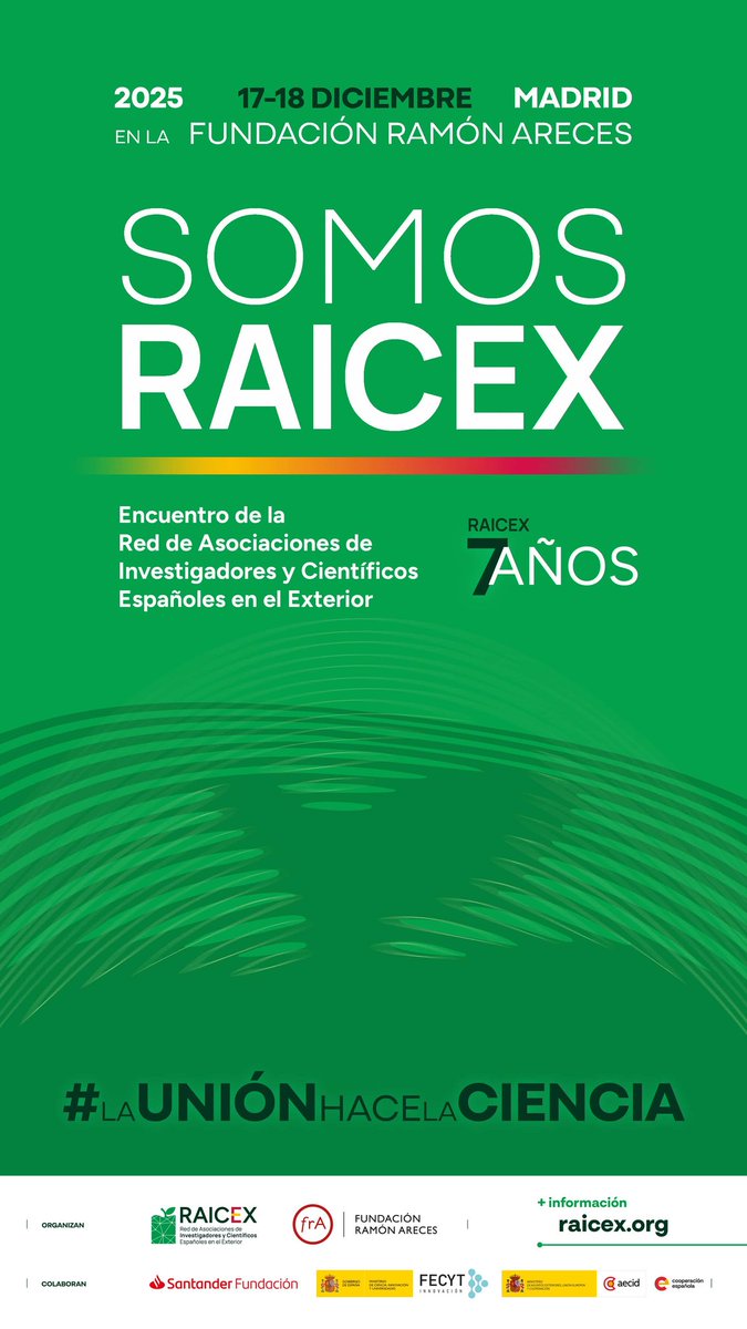 🍏 📆 Este miércoles 17 de diciembre arranca #somosRAICEX, el encuentro que reúne ciencia, talento y diáspora en un mismo espacio.
📍 Fundación Ramón Areces.
Consulta el programa, las mesas redondas … y súmate.
📝 Inscripción: raicex.org/2025/12/10/som…
#LaUniónHaceLaCiencia
