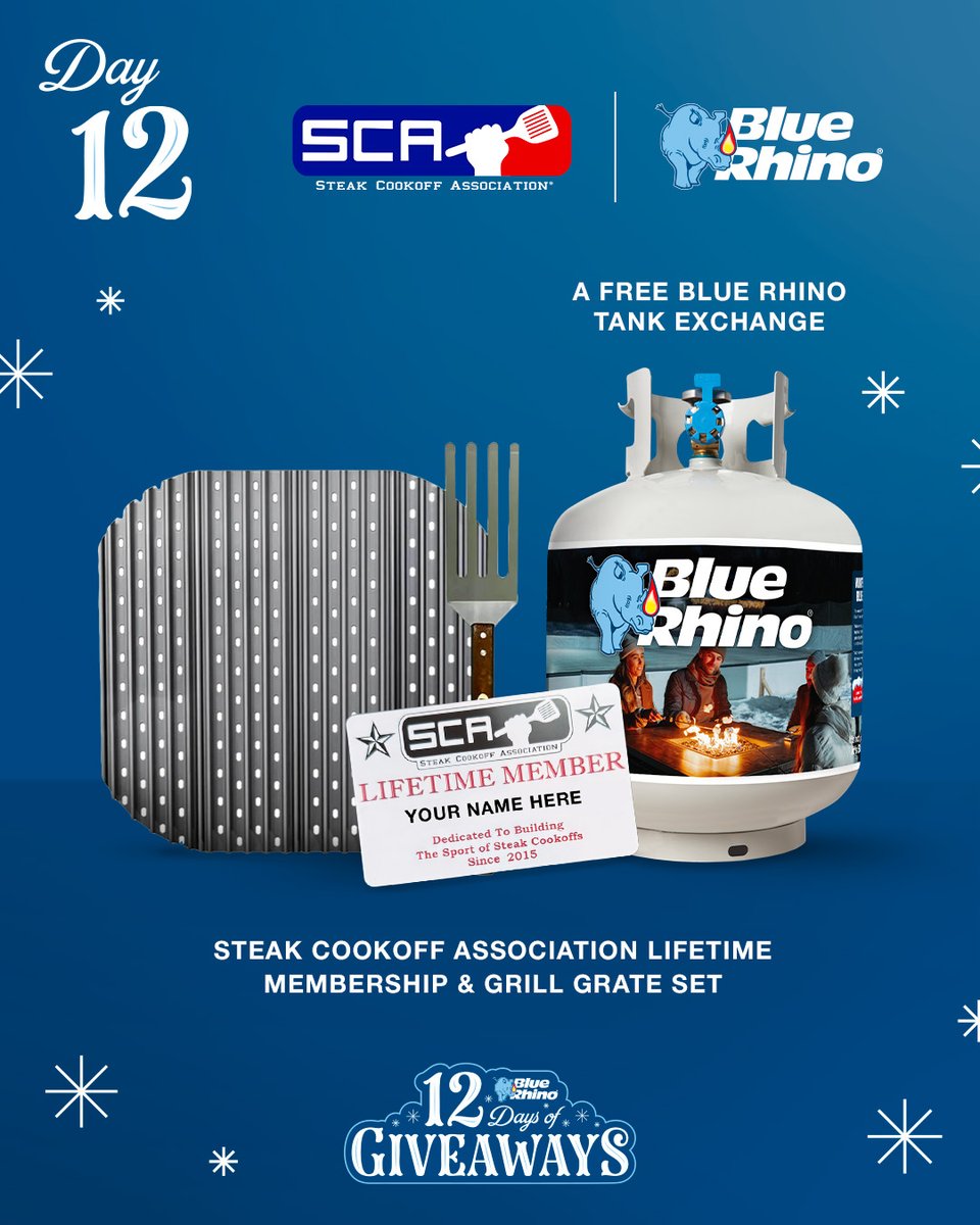 blue_rhino's tweet photo. #12DaysOfGiveaways go out with a bang! 💥 Win a @steakcookoffs Lifetime Membership, a set of GrillGrates, and a free Blue Rhino tank exchange coupon. Enter here: https://t.co/lQah03eqjW ​

Today's winner will be drawn at 5 p.m. ET. #HappyHolidays #NotJustPropane https://t.co/YL8KVYl1bE