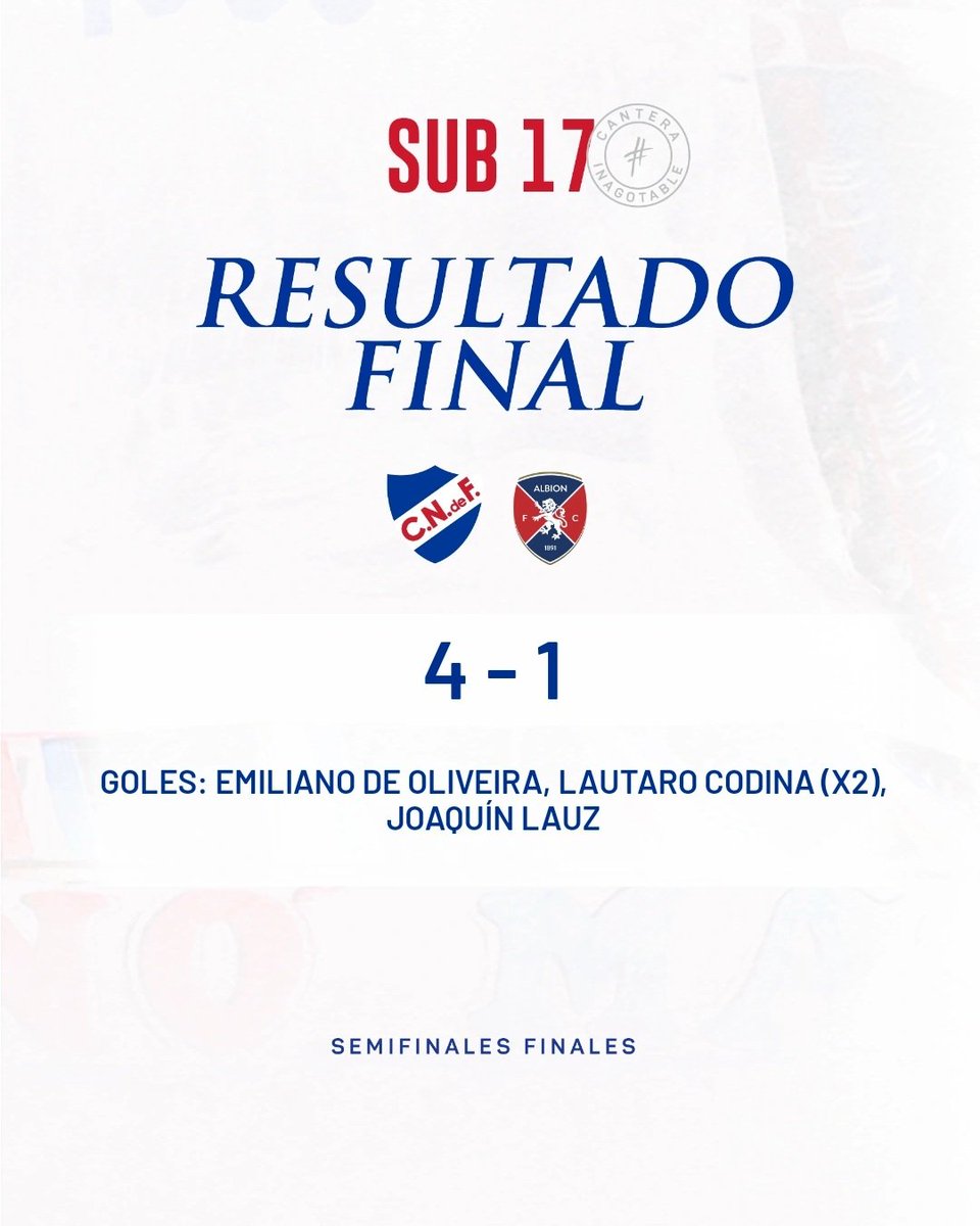 🏆 ¡Nacional Campeón Uruguayo de Sub 17!

El Decano del fútbol uruguayo venció 4 a 1 a Albion y se consagró Campeón Uruguayo en Sub17.

¡Gracias a jugadores, cuerpos técnicos y colaboradores!

#CanteraInagotable
#ElClubGigante🔵⚪🔴