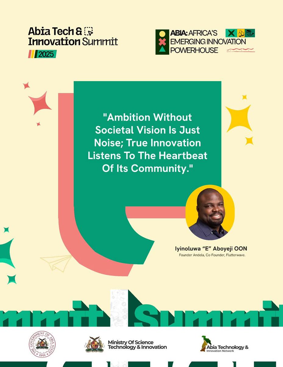 abiainnovation's tweet photo. Our esteemed Speaker, Iyìnoluwa Aboyeji, Founder, Andela and Cofounder, Flutterwave.
He spoke to us and reshaped the ecosystem conversation at the summit.
He reminded us that real growth starts with people, not just funding.
#ATIN #ATIS #ATIS2025 #Technology https://t.co/shyjwcCwSu