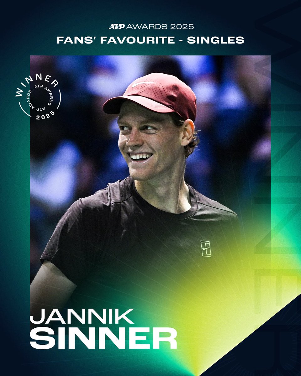 UniversTennis's tweet image. Jannik Sinner est élu 𝗝𝗢𝗨𝗘𝗨𝗥 𝗣𝗥𝗘́𝗙𝗘́𝗥𝗘́ des fans pour les ATP Awards 2025. 🎉🇮🇹

L’Italien remporte ce prix pour la troisième saison d’affilée après les 19 titres consécutifs de Roger Federer de 2003 à 2021 et Rafael Nadal en 2022. ⭐️