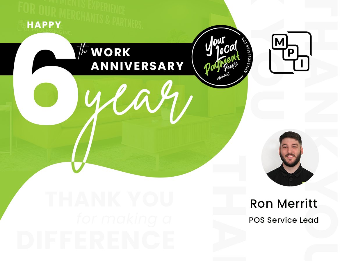 6 years of Ron at MPI! The face of “Do you have a Ron?” and the definition of local partnership and personal service. Thanks for all you do, Ron.
#WorkAnniversary #TeamMPI #LocalMatters #LocalPaymentPeople