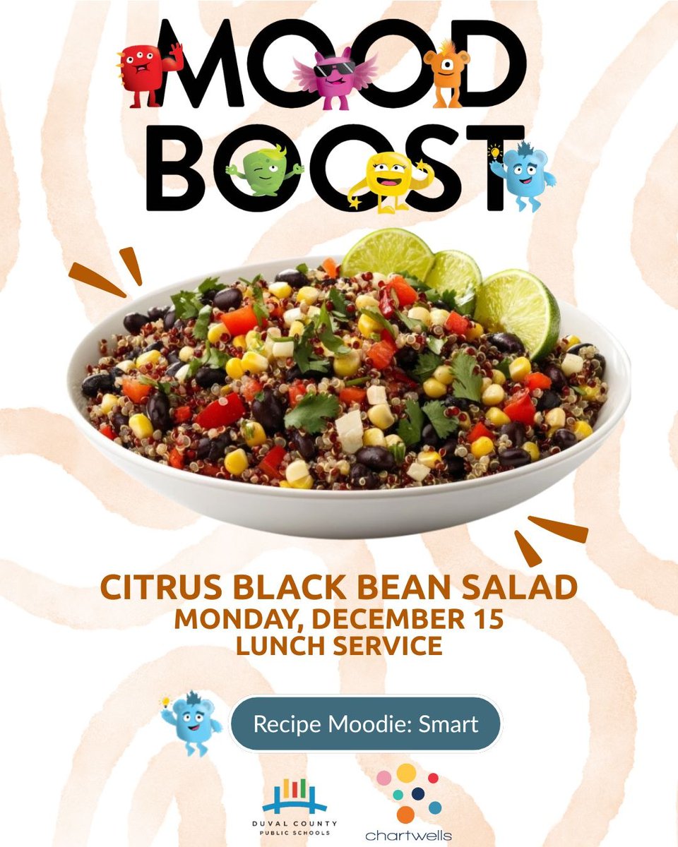 We’re thrilled to invite you to join us on Monday for a delightful experience with our new friend Smart! Don’t miss the chance to try our delicious Citrus Black Bean Salad! Can’t wait to see you there! <a href="/Duvalschools/">DCPS</a>