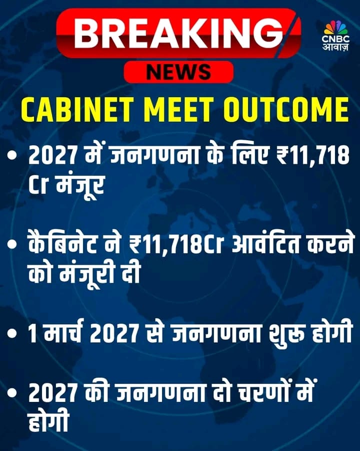 2027 की जनगणना के लिए 11718 CR की मंजूरी।