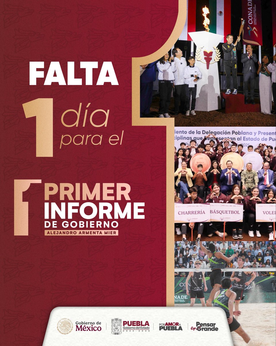 armentapuebla_'s tweet photo. Falta un día para nuestro #PrimerInforme de Gobierno. ☝🏼✨

Impulsamos a nuestras y nuestros atletas con más apoyos 🥇🥈🥉, y convertimos a Puebla en sede de eventos deportivos nacionales e internacionales 🏟️🏆, junto a nuestra presidenta, la Dra. @Claudiashein. 🇲🇽✨

#InformeAArmenta