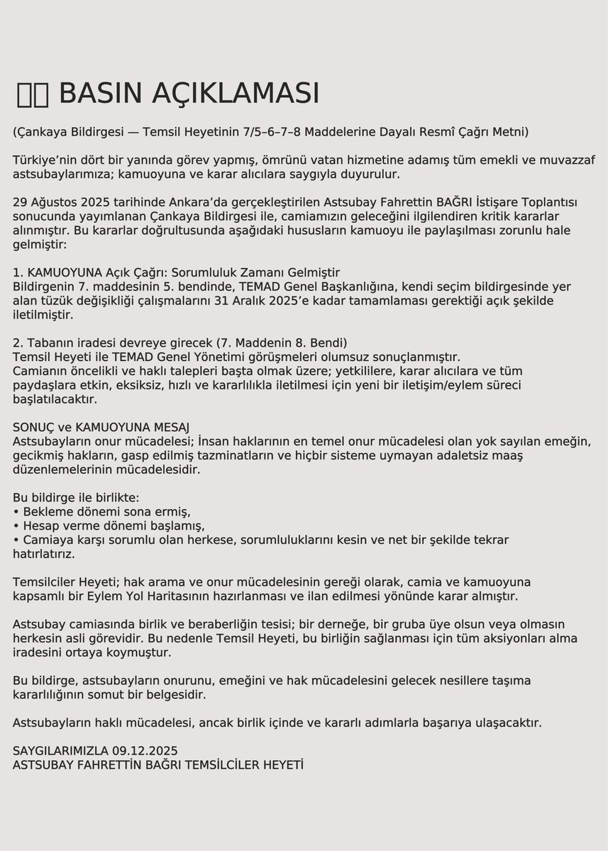 nevzatyuksel2's tweet image. “Biz bu ülkenin yükünü yıllarca taşıdık.
Ama yıllarca görüldük, duyulmadık.
Artık sessiz çoğunluğun sesi var.
Biz görevimizi yaptık.
Şimdi sistem görevini yapsın.”
📢 BASIN AÇIKLAMASI
(Çankaya Bildirgesi — Temsil Heyetinin 7/5–6–7–8 Maddelerine Dayalı Resmî Çağrı Metni)…
