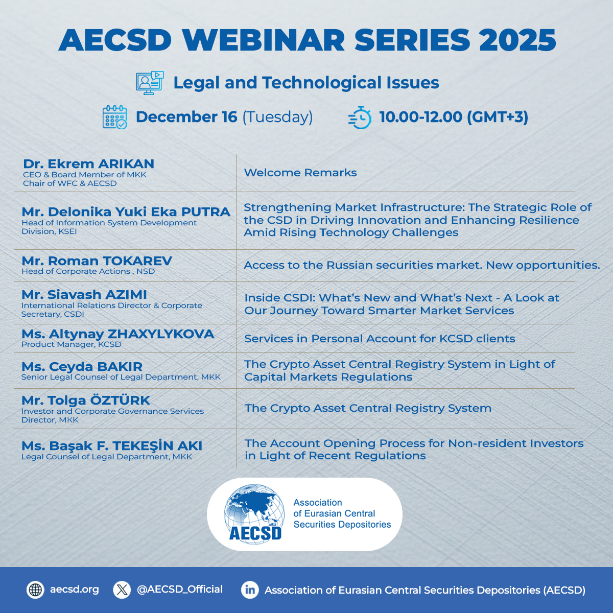 AECSD_Official's tweet photo. The second session of the AECSD Webinar Series, Legal and Technological Issues, will be held on December 16, 2025. 
#AECSD #Webinar https://t.co/aUYWPoi6p3